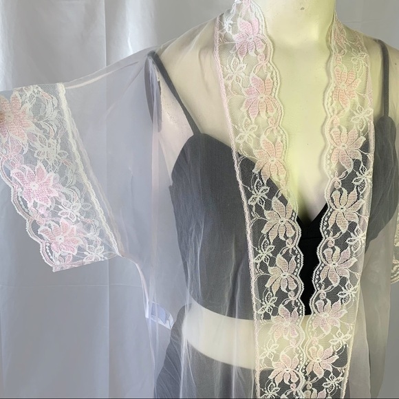 LADY CAMEO PINK LACE NIGHTWEAR LONG SHEER ROMANTIC ROBE VINTAGE  WOMEN LARGE - Picture 15 of 16